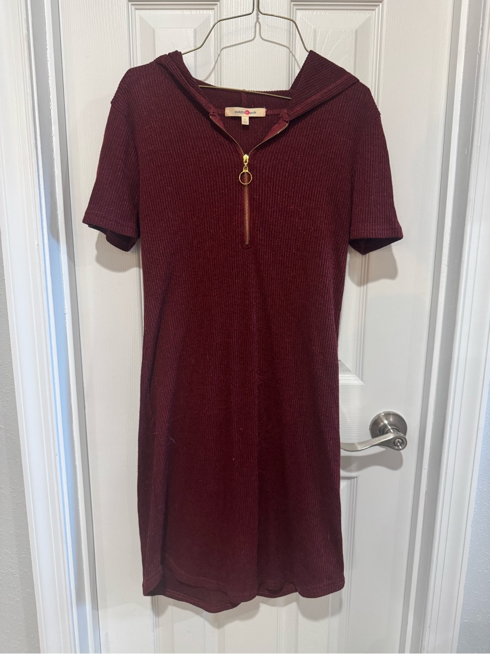 Wishful Park Maroon Half-Zip Short Sleeve Knit Mini Dress